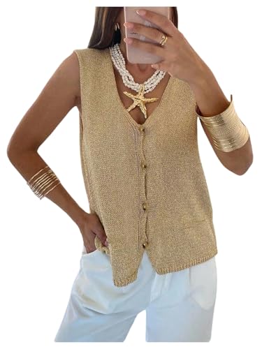 GORGLITTER Women's Crochet Button Down Vest Tops Summer Sleeveless Knit Cardigan Cowboy Chic Oufits