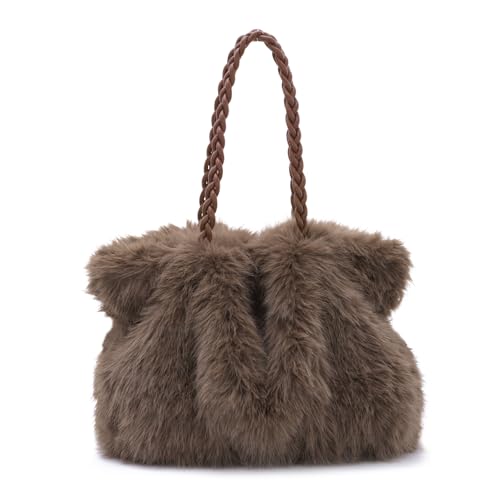 Emprier Fluffy Faux Fur Underarm Bags for Women Fuzzy Tote Handbag Plush Shoulder Purses