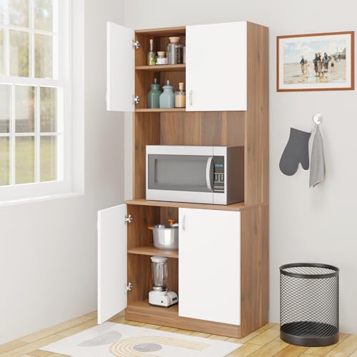 Image of VIKI Furniture | Kitchen Cabinet - 5 Tier Unit with Doors & Open Shelves, Organizer for Kitchen, Bedroom, Hallway & Living Room (Brussel Walnut & Frosty White - 40D x 80W x 180H cm) | 1 Year Warranty