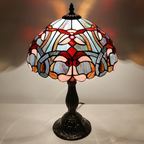 Image of WERFACTORY Tiffany Lamp Blue Pink Stained Glass Table Lamp 18 Inch Tall