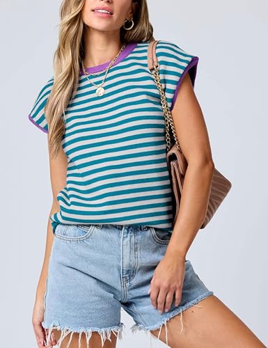 Image of Bozanly Womens Crewneck Striped Knit T Shirts Casual Spring Summer Cap Sleeve Sweater Tank Top 2025(0952-BlueStripe-XL)