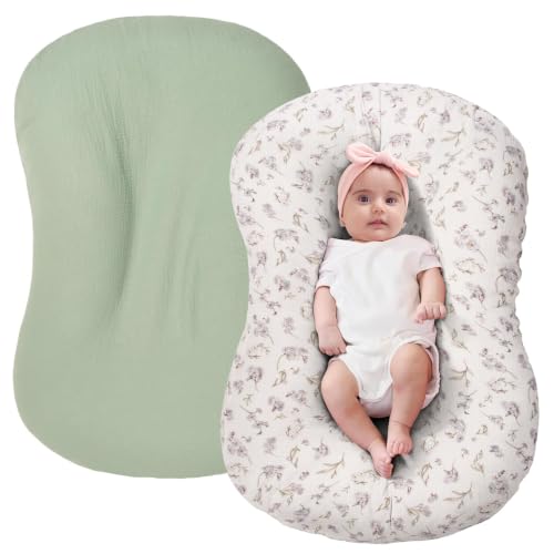 Image of FUNUPUP Muslin Baby Lounger Cover Only, Green, Leaves | 100% Muslin Cotton Soft Breathable Easy On /Off Envelope Closure Machine Washable Easy-Clean Protector Neutral Colors