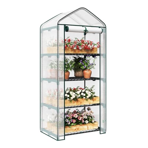 WOLTU Foliengewächshaus Tomatengewächshaus 4 Ablagen aufrollbare Tür Treibhaus Anzuchthaus Gartenhaus Frühbeet Tomatenhaus Gemüse Gewächshaus 4 Etagen überwinterungszelt für Pflanzen Weiß 69x49x158 cm