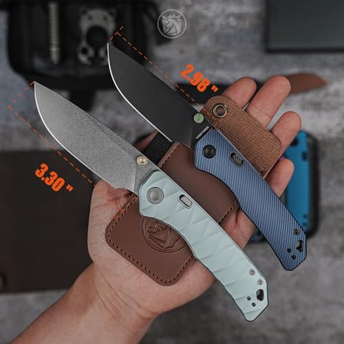 Image of Vosteed Marten EDC Folding Pocket Knife - 3.30 inch 154CM Stonewash Blade - Top Liner Lock, Light Blue Aluminum Handle - Hunting, Hiking Knives - A1614