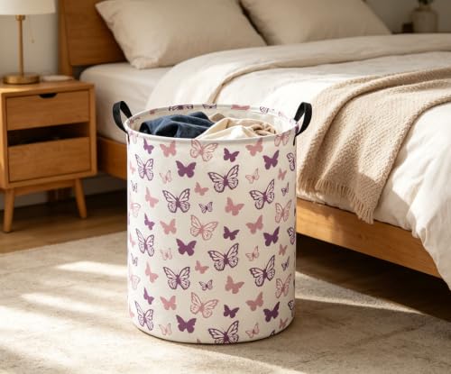 Image of ESSME Butterfly Laundry Basket,Hamper Collapsible Canvas Waterproof Storage Bin,Gift Baskets,(Purple Butterfly)