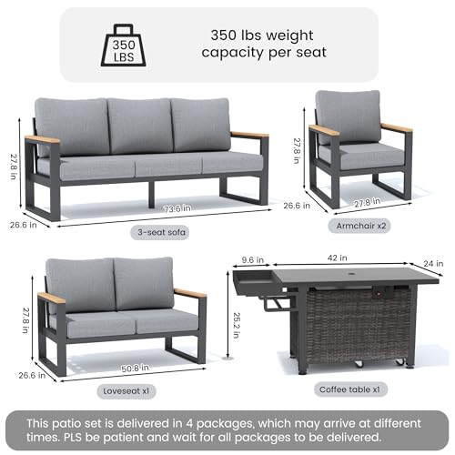 Image of Sundale Outdoor Aluminum Patio Furniture Set, 5 Piece Outdoor Conversation Sets with Fire Pit and 6 inch Thick Olefin Cushions, All Weather Outdoor Sectional Set for Deck, Lawn, Yard (Grey)