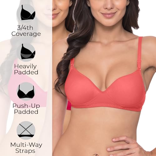 Image of Komli - Heavily Padded Push-Up Bra - Cotton Rich - Balconette - 3 /4th Coverage, Seamless, Wireless, Multiway Straps - T-Shirt Bra (Pack of 2)