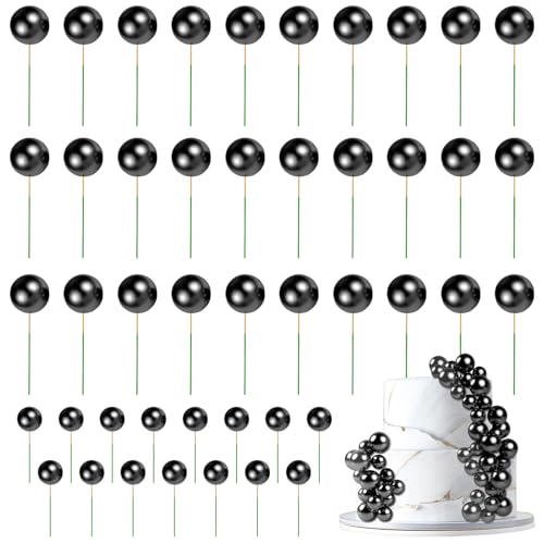 URAQT Topper Cake Bola, 45 Piezas Decoración Tarta de Bola, Mini Globo Palo Pastel, Bolas Palos Tarta para Cumpleaños Fiesta Boda, Palitos para Decoración de Tartas，A Negro
