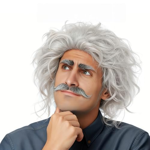 Feithmonic 3 Pcs Perruque Einstein, Albert Einstein Déguisement avec Sourcils et Moustache, Grise Perruque Adulte Scientifique Fou Professeur Savant Vieux Papi, pour Cosplay Halloween Noël Carnaval