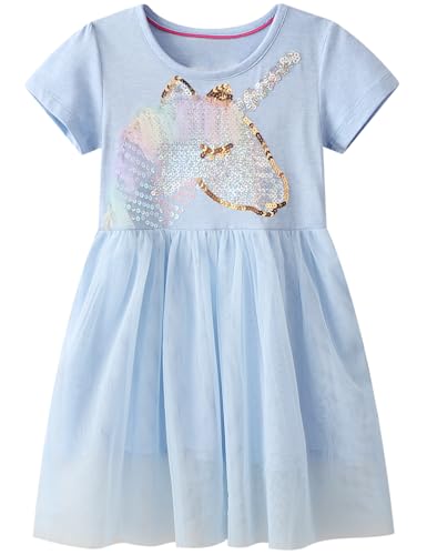Image of Hongshilian Little Girls Cotton Casual Dress Cartoon Print T-Shirt Short Sleeve Skirt Dresses