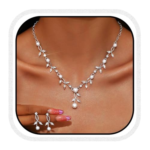 Unicra Gold Pearl Necklace Earrings Sets Rhinestone Bridal Wedding Jewelry Set Formal Prom Costume Jewelry Sets for Women and Brides