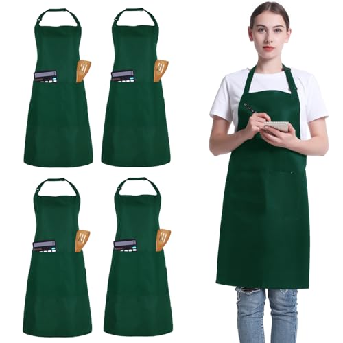 4 Packs Kochschürzen, Unisex verstellbare Schürzen mit 2 Taschen, personalisierte Schürzen für Männer Frauen, professionelle Schürze für Kochen, Gartenarbeit, Küche, Restaurant, Kaffeehaus (Grün)