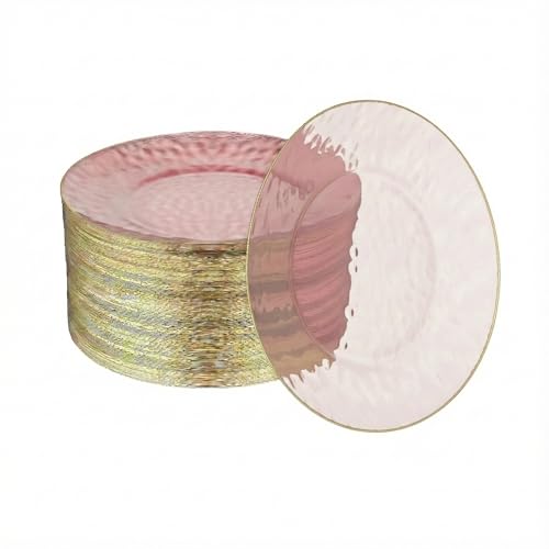 R-kay 100 Pack Pink Plastic Plates - 6.25 IN Hammered Gold Rimmed Sturdy, Durable And Extra Heavy duty Pink And Gold Plastic Dessert Plates Disposable - Appetizer Plates Disposable For All Occasions