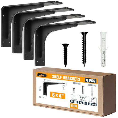 ALBO 6" Heavy Duty Countertop Support Brackets 4PCS, 400 lb 5 mm Steel – Hidden Floating Shelf Corbel | Matte Black Powder-Coated L Brackets Incl Screws & Anchors for Quartz Granite Wood Laminate