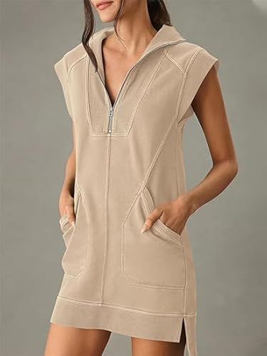 Mini Vestido Pulôver Com Decote Em V e Cintura, Vestido Feminino Com Meio Zíper e Moletom, Vestido F