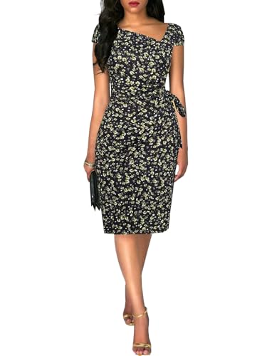 Image of Women's Vintage Cap Sleeves Asymmetrical Neckline Sheath Bodycon Casual Work Cocktail Party Pencil Faux Wrap Dresses