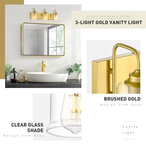 Image of zeyu 21 Inch Gold Bathroom Light Fixtures, 3 Light Bathroom Vanity Light, Modern Vanity Light with Clear Glass Shade, Brushed Gold Finish, ZSL72B-3W BG