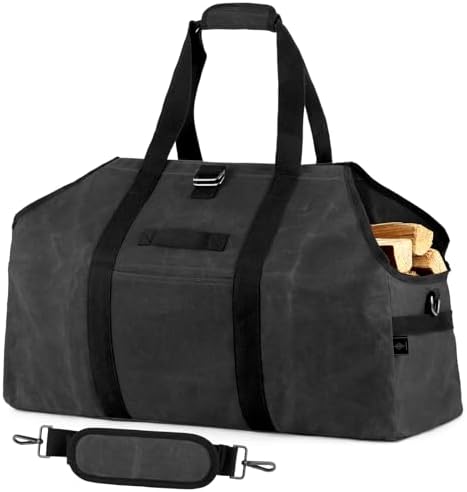 BONTHEE kaminholztasche Kaminholz Holzkorb Tragetasche Brennholztasche Kaminholzträger gewachstes Segeltuch wasserdicht Extra Groß Freistehende Holztragetasche - (Dunkelgrau)