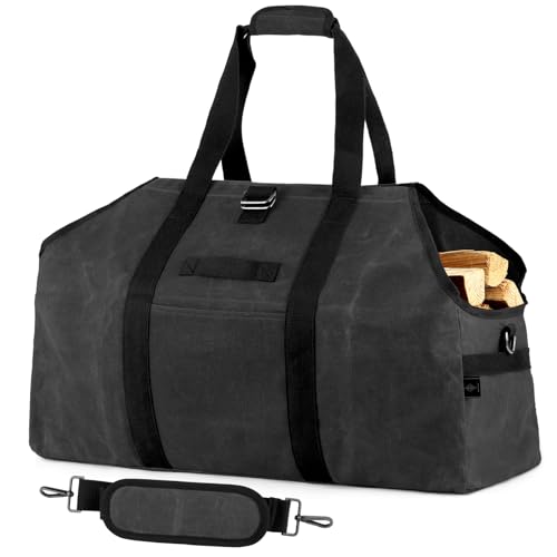 Waxed canvas firewood carrier bag with freestanding design