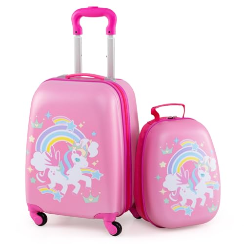 GOPLUS 16” Valise Enfant à roulettes avec 12” Sac à Dos, Motifs Licorne, Espace Suffisant, Surface Etanche, roulettes Silencieuses et Lisses, Hauteur de Poignée...