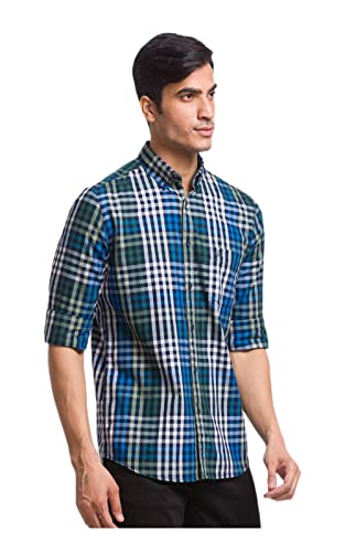 Image of Parx Green Checks Slim Fit Casual Shirts for Men