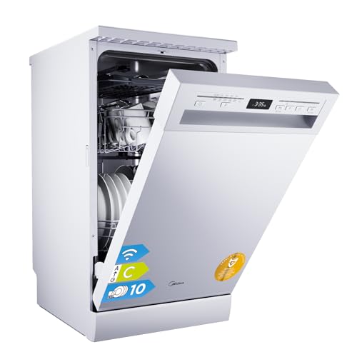 Midea SF 5.45NW10C Geschirrspüler 45cm Freistehend & Unterbaufähig, 10 Maßgedecke, 7 Programme, Spülmaschine 45 cm mit WIFI, 44 db, Startverzögerung, Automatische Türöffnung, 63 kWh/100 Zyklen, Weiß