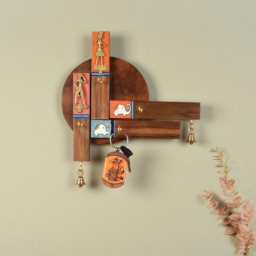 Image of AAKRITI ART CREATIONS Key Holder, Tribal Grid Key Hanger | Rustic Wood Wall Organizer with 4 Hooks | New Home Gifts | Multifunctional Entryway Decor Item
