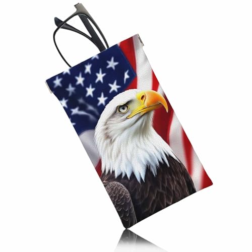 Beabes American Flag Squeeze Top Sunglass Case Eyeglass Case Glasses Cases Soft, American Bald Eagle USA Flag Leather Sunglasses Case Pouch For Business Travel Home