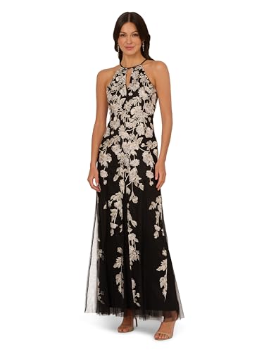 Adrianna Papell Women's Halter Embroidered Godet Gown