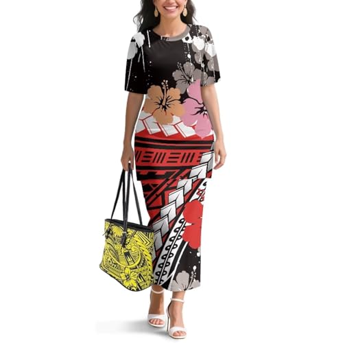 Image of Puletasi Samoan Traditional 2 Piece Outfits for Women Short Sleeve Crop Top and Maxi Skirt Sets Puletasi Dress