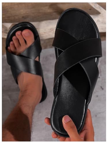 GORGLITTER Men's Leather Slippers 2025 Footwear Criss Cross House Slipper Slide Sandals2