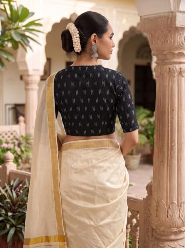 Image of Studio Shringaar Women's Black Cotton Handloom Ikat Readymade Saree Blouse