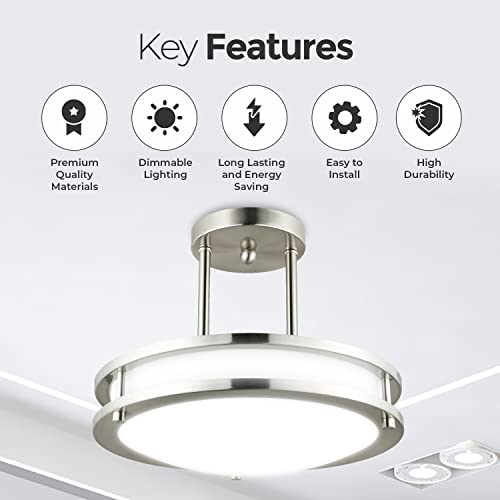 Diodesy 12 Inch Led Semi Flush Mount Ceiling Light Fixture, 15W Dimmable Pendant Kitchen Light Fixtures, 3000K/4000K/5000K Adjustable, 1050Lm For Bathroom, Hallway, Living Room And Bedroom, Etl Listed #TOP3