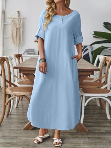 Image of Celmia Autumn Solid Loose Long Maxi Dress Cotton Caftan