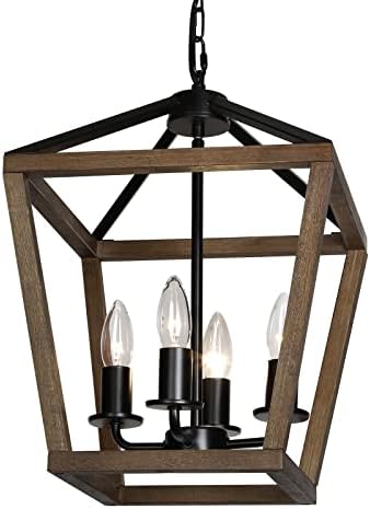TELAFLY 4-Light Lantern Pendant Light,Black Wood Cage Farmhouse Chandelier for Kitchen Island,12'' Rustic Metal Geometric Hanging Lighting Fixture for Kitchen Island Dining Room Bedroom Foyer Entry