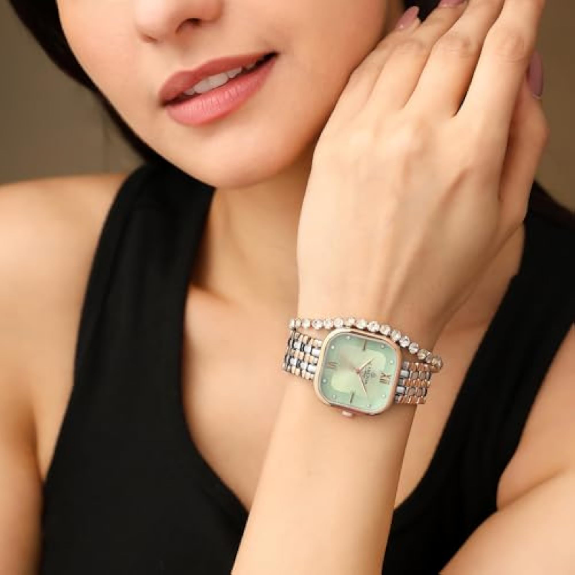 Women's Mint Green Dial Watch with Bracelet Set, Elegant Gift