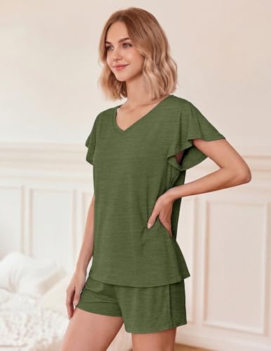 Ekouaer Pajamas Set Women Casual Ruffle Sleeves Soft Comfy Loungewear Set with Pockets,Medium,Dark Olive Green — view 4