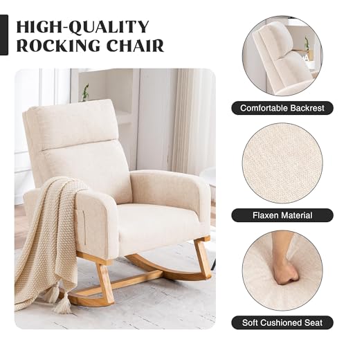 Image of HCHAIRH Rocking Chair Nursery, Nursing Rocker Chairs with High Backrest, Modern Glider Rocking Chair for Mom Nursery, Living Room, Bedroom, Beige