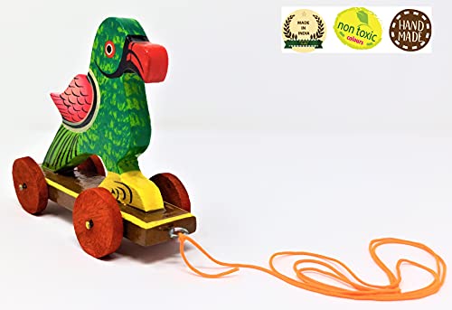 Image of A&A Kreative Box Wooden Pull Along Toy Encourage Walking, Build Gross Motor Skills and Hand-Eye Coordination Handcrafted by Indian Artisans for Kids Toddlers (Potloo Parrot)