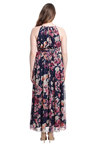 Image of London Times Women's London Times Mesh Halter Maxi Dress with Ruched Waistband Flowy Bohemian Beach Dresses