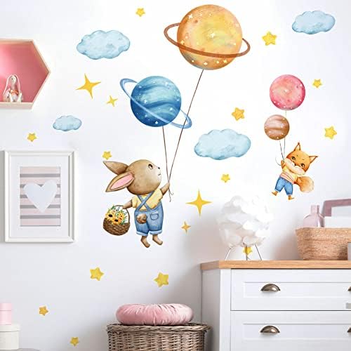 Cute Animal Planet Wall Decals, Lifelike Funny Bunny Fox Stars Stickers Removable Waterproof Kids Murals Home Decor for Baby Nursery Bedroom Living Room