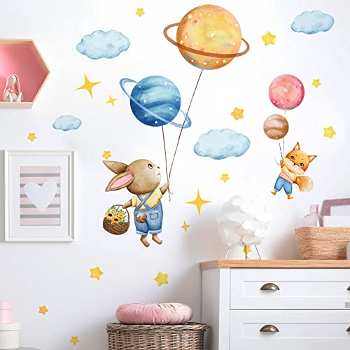 Cute Animal Planet Wall Decals, Lifelike Funny Bunny Fox Stars Stickers Removable Waterproof Kids Murals Home Decor For Baby Nursery Bedroom Living Room #TOP20