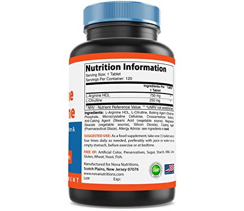 41FhEQ48iKL Nova Nutritions L-Arginine L-Citrulline 1000mg - Promotes Muscle Relaxation - 120 Tablets - Image 3