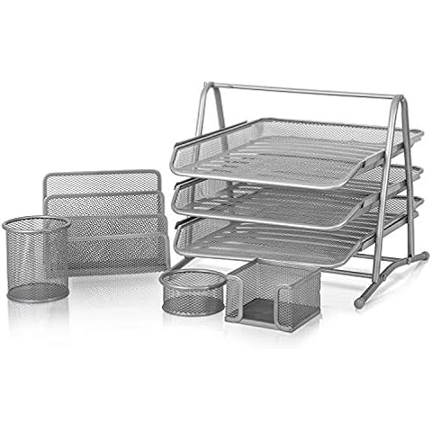 KAV Premium Mesh Office Set of 5 PCS - 3 Tier Paper Tray, Letter Rack, Pen Pot, Clips and Memo Pad Holder - Metal - Desk Organiser and Tidy Workspace - Silver Cover