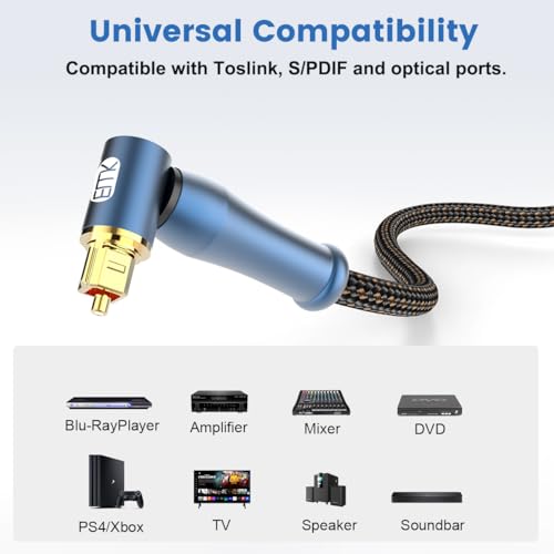 EMK 90 Degree Toslink Optical Cable 24K-Gold Connector 360 Degree Free-Rotating Plug Fiber Optic Cable S/PDIF Toslink Male to Male for Home Theater, Sound Bar, TV, PS4, Xbox (Blue,3.3ft/1m)