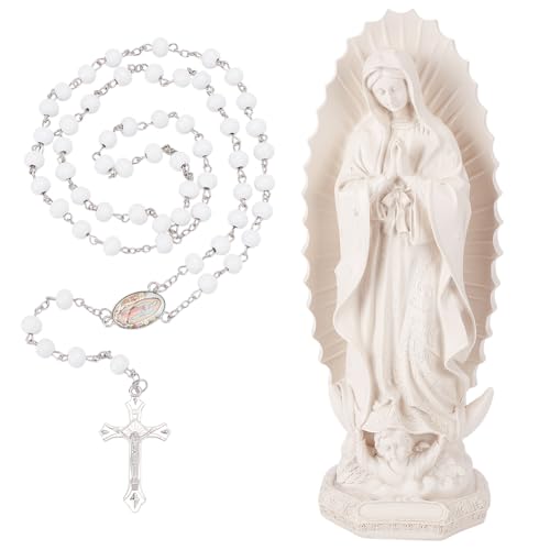 ORIGACH Estatua de María Nuestra Señora de la Gracia Con Rosario Cadena De Cuentas De Madera Estatua De Resina Blanca Regalo Católico Para Mujeres Decoración Religiosa del Hogar 29.7 cm