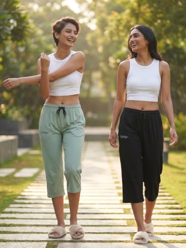 Image of Fflirtygo Women's Cotton Plain Calf Length Capri | Nightwear Short Pyjama | 3 /4th Solid Pyjama Pant | Regular Fit Casual & Lounge Wear Capri Combo (Pack of 2)