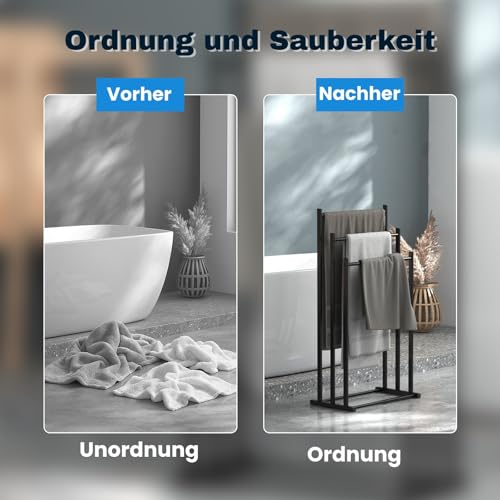 Allyson® Handtuchständer freistehend mit 3 Stangen – Schwarzer Handtuchhalter aus Metall ohne Bohren, Platzsparender Badetuchhalter Stehend für Badezimmer & Wohnung (Maße: 45 × 84 × 21 cm)
