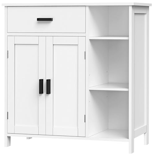WEENFON Bathroom Cabinet, Floor Storage Cabinet with Doors and Shelves, Freestanding Coffee Bar Cabinet with Drawer, Modern Organizer Cabinet for Living Room, Bathroom, Kitchen, White