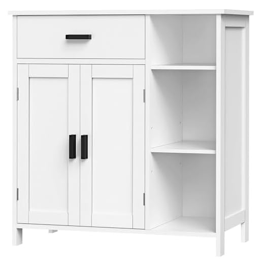 WEENFON Bathroom Floor Storage Cabinet, Kitchen Storage Cabinet with Doors and Shelves, Freestanding Storage Cabinet with Drawers, Floor Cabinet for Living Room, Bedroom, Bathroom, Kitchen, White